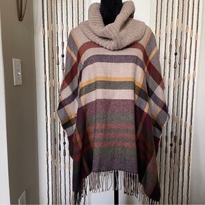 Fraas Chunky Cowl Neck Poncho Side Snap Fringed Women's Striped Brown/Ta…